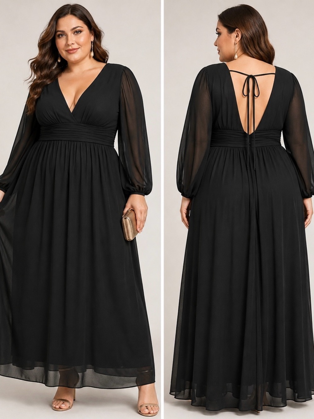 Black Chiffon Formal Maxi Dress Plus Size 26W Sheer Sleeve Open Back NWOT